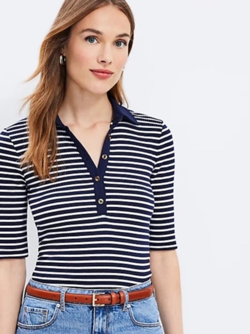 NWOT LOFT Navy and White Striped Henley Polo Short 3/4 Sleeve Top MEDIUM
